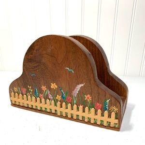Hand-Painted Brown Wooden Napkin Holder with Floral Picket Fence